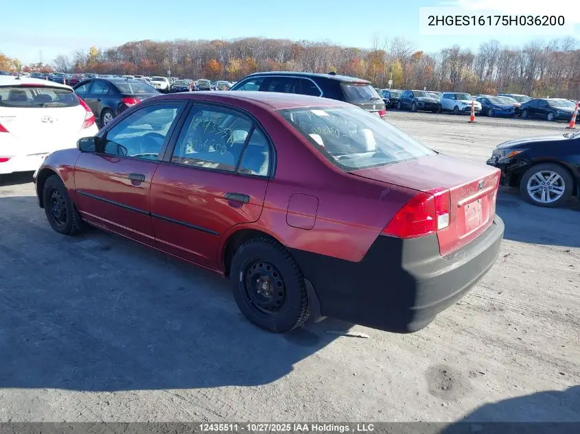 2HGES16175H036200 2005 Honda Civic Dx