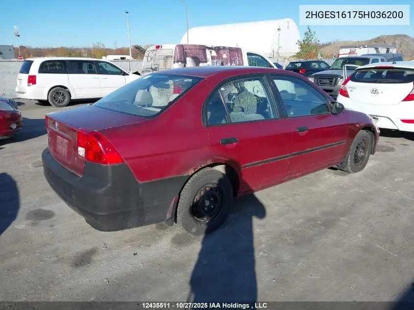 2HGES16175H036200 2005 Honda Civic Dx