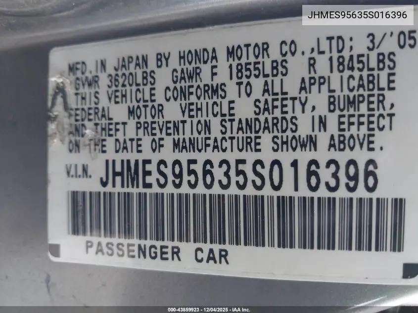 JHMES95635S016396 2005 Honda Civic Hybrid