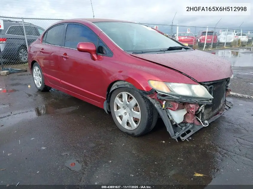 2HGFA165X6H512998 2006 Honda Civic Lx