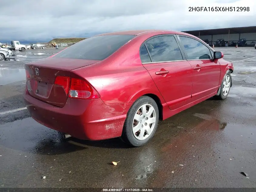 2HGFA165X6H512998 2006 Honda Civic Lx