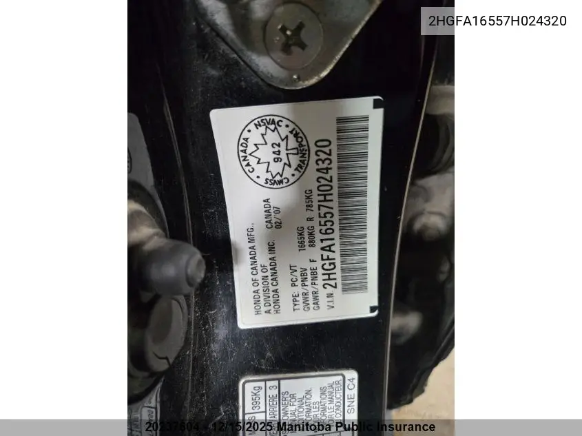 2HGFA16557H024320 2007 Honda Civic Lx