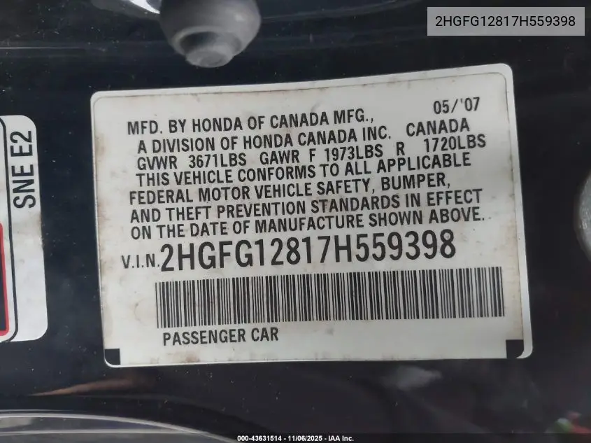 2HGFG12817H559398 2007 Honda Civic Ex