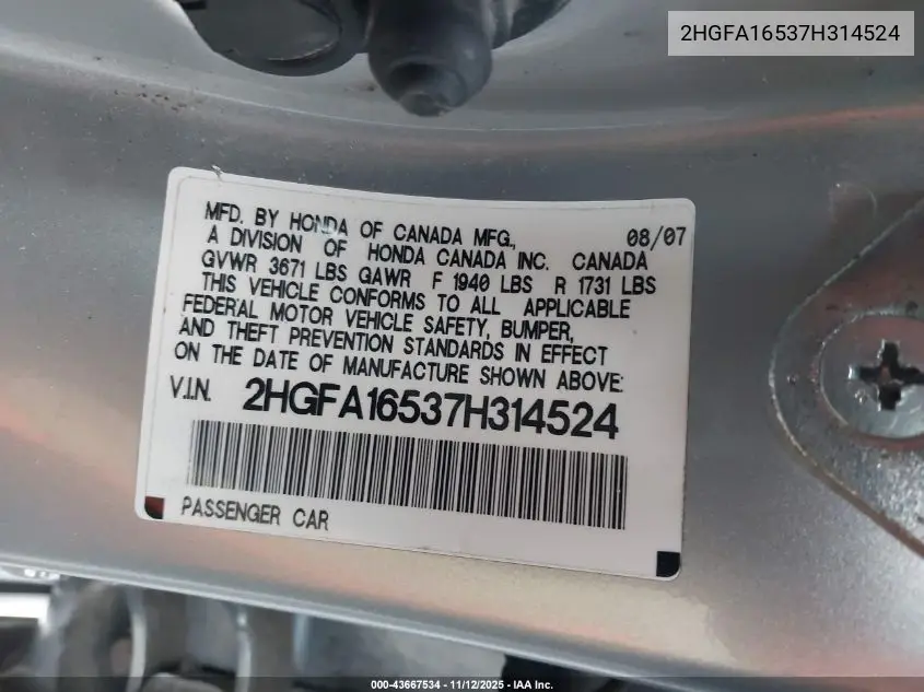 2HGFA16537H314524 2007 Honda Civic Lx