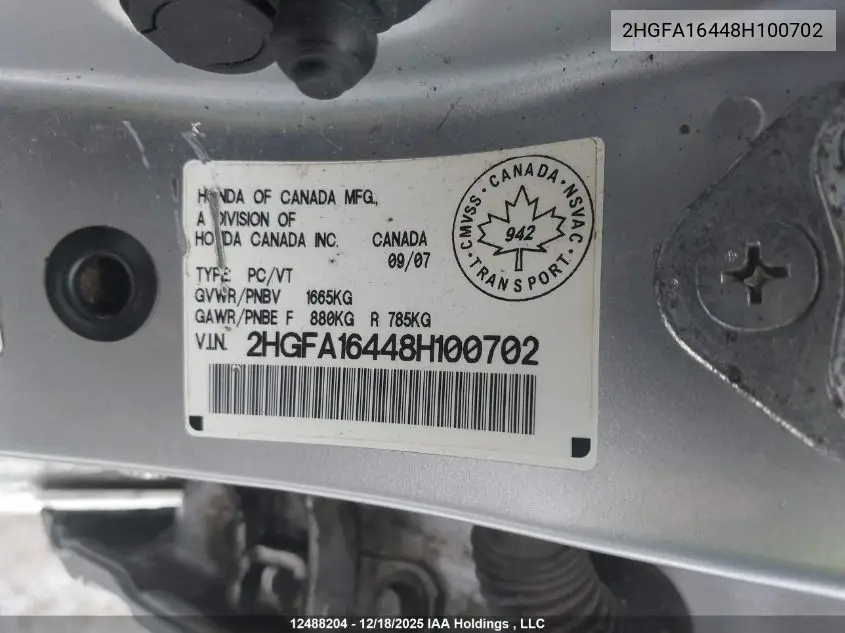 2HGFA16448H100702 2008 Honda Civic Dx-G