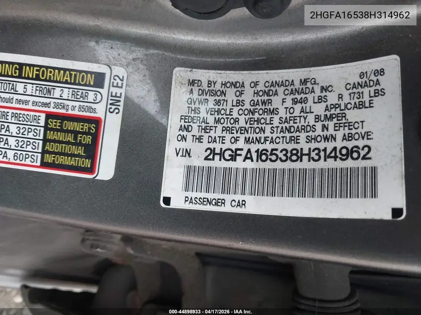 2HGFA16538H314962 2008 Honda Civic Lx
