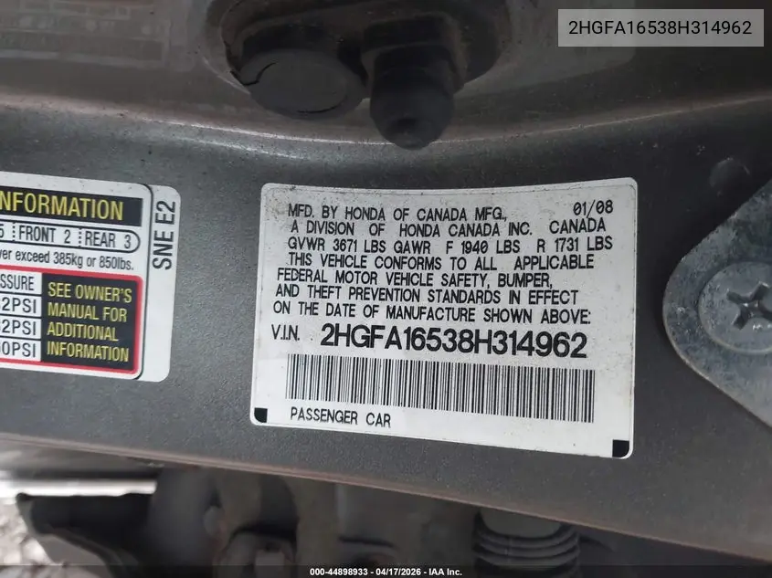 2HGFA16538H314962 2008 Honda Civic Lx