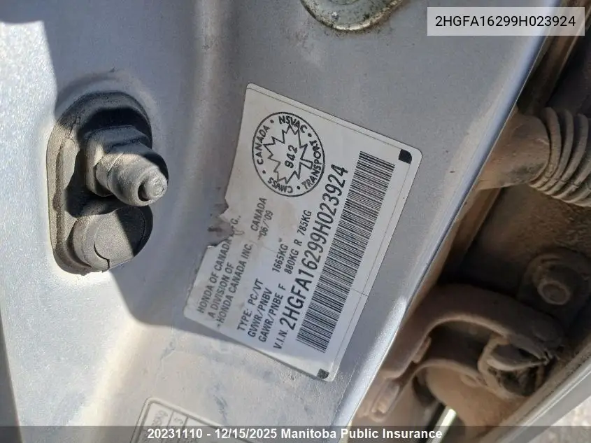 2HGFA16299H023924 2009 Honda Civic Dx