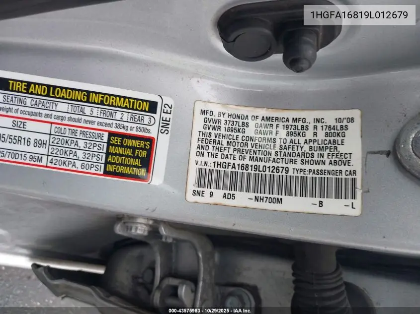 1HGFA16819L012679 2009 Honda Civic Ex
