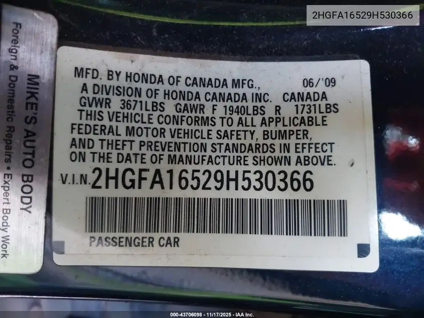 2HGFA16529H530366 2009 Honda Civic Lx