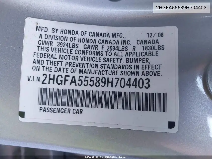 2HGFA55589H704403 2009 Honda Civic Si