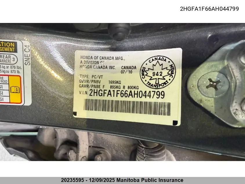 2HGFA1F66AH044799 2010 Honda Civic Lx