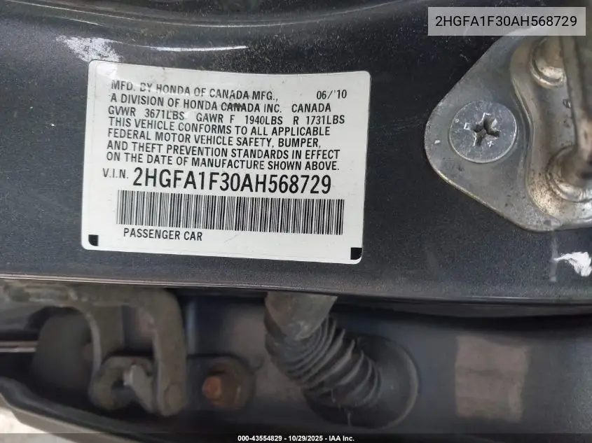 2HGFA1F30AH568729 2010 Honda Civic Vp