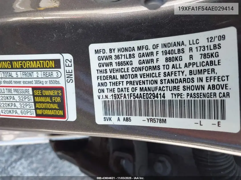 19XFA1F54AE029414 2010 Honda Civic Lx