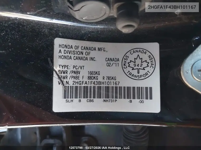 2HGFA1F43BH101167 2011 Honda Civic Dx-G