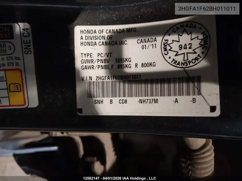 2HGFA1F62BH011011 2011 Honda Civic Se
