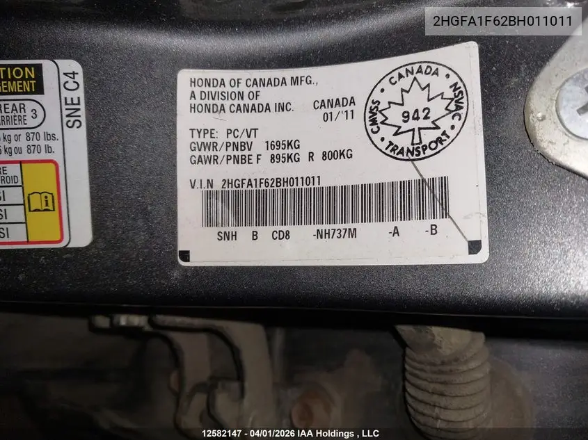 2HGFA1F62BH011011 2011 Honda Civic Se