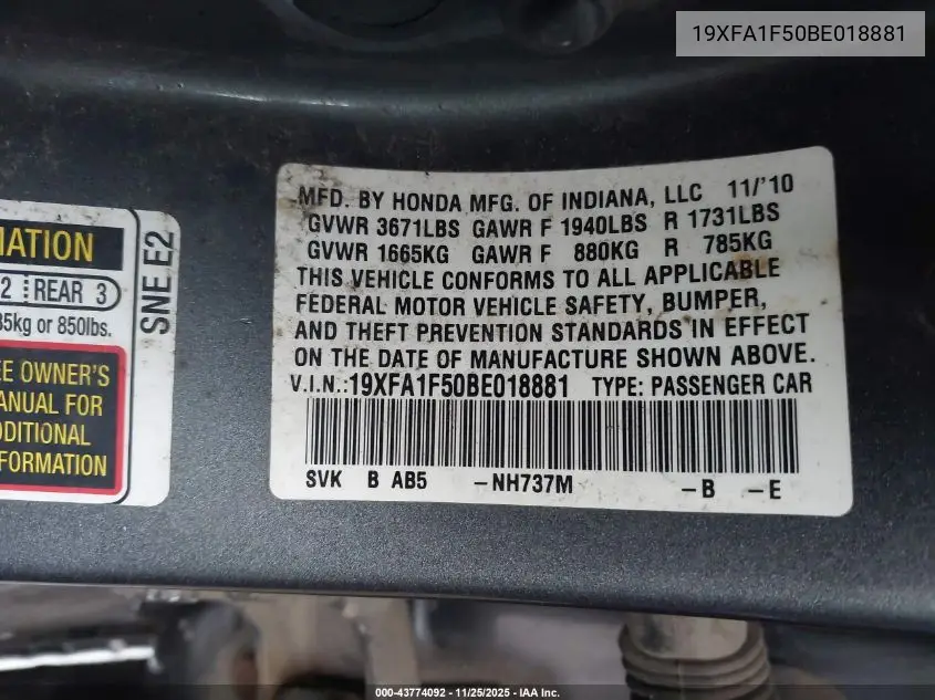 19XFA1F50BE018881 2011 Honda Civic Lx