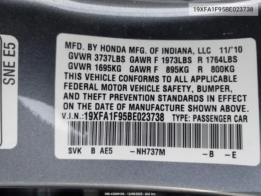 19XFA1F95BE023738 2011 Honda Civic Ex-L