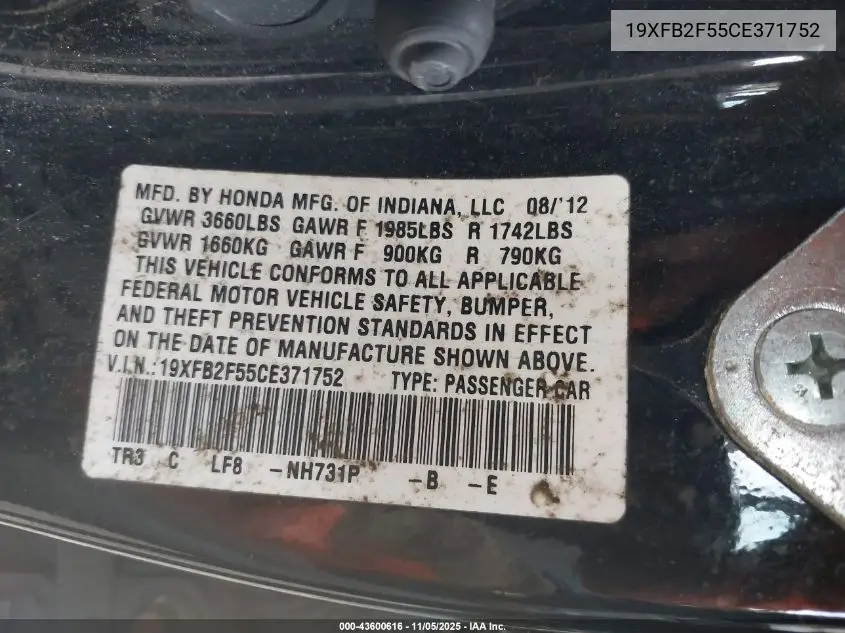 19XFB2F55CE371752 2012 Honda Civic Lx