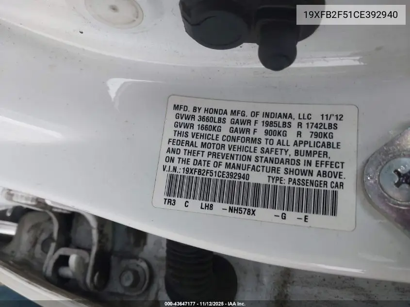 19XFB2F51CE392940 2012 Honda Civic Lx