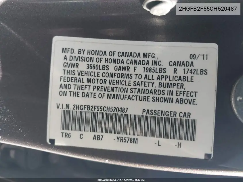2HGFB2F55CH520487 2012 Honda Civic Lx