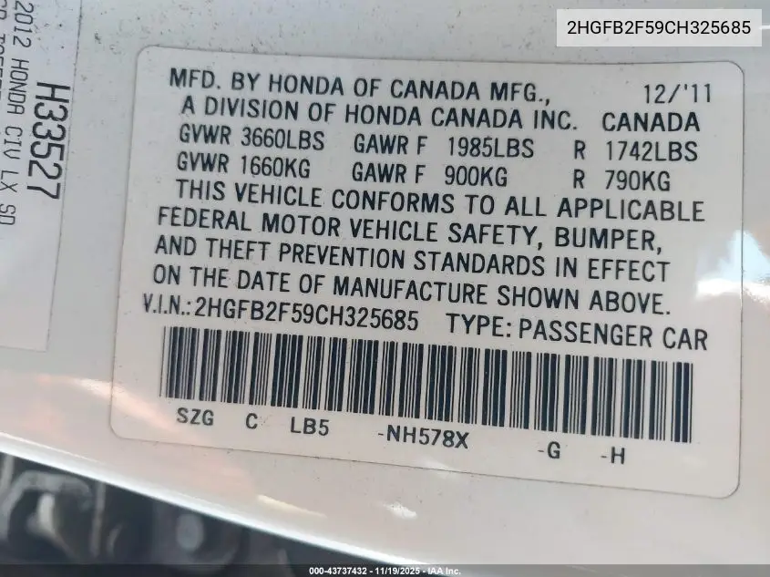 2HGFB2F59CH325685 2012 Honda Civic Lx