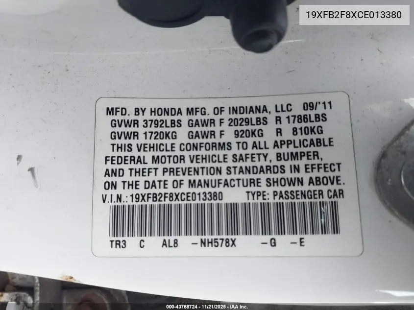 19XFB2F8XCE013380 2012 Honda Civic Ex
