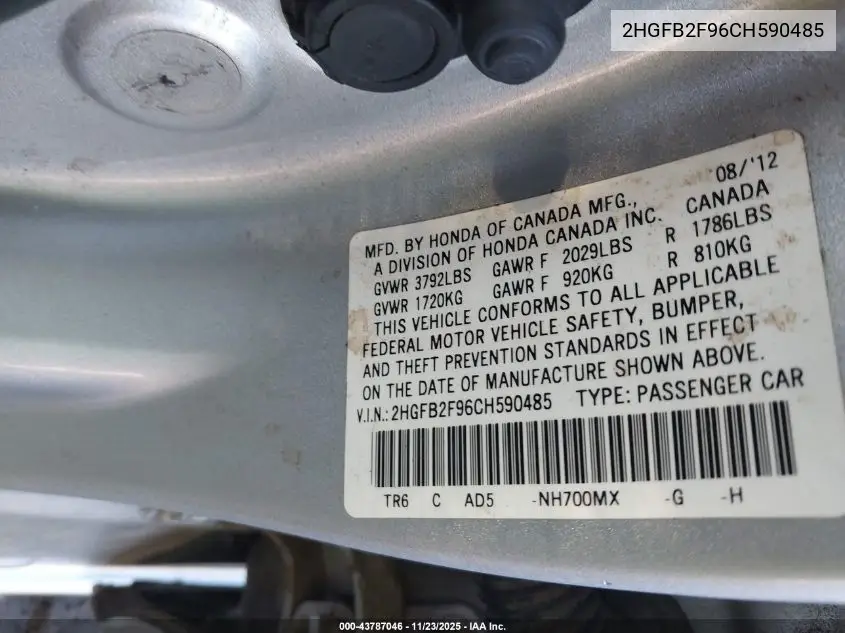 2HGFB2F96CH590485 2012 Honda Civic Ex-L