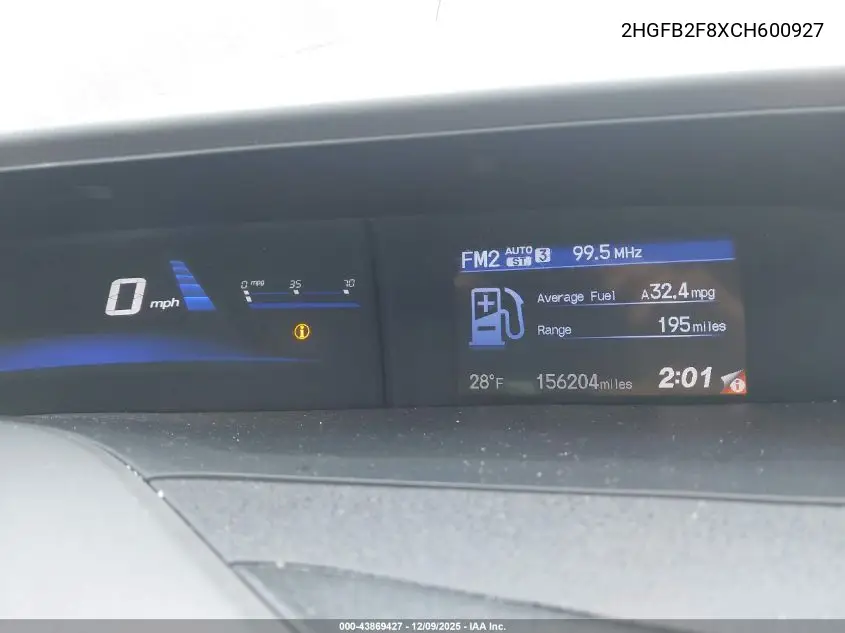 2HGFB2F8XCH600927 2012 Honda Civic Ex