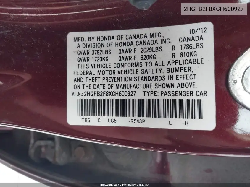 2HGFB2F8XCH600927 2012 Honda Civic Ex