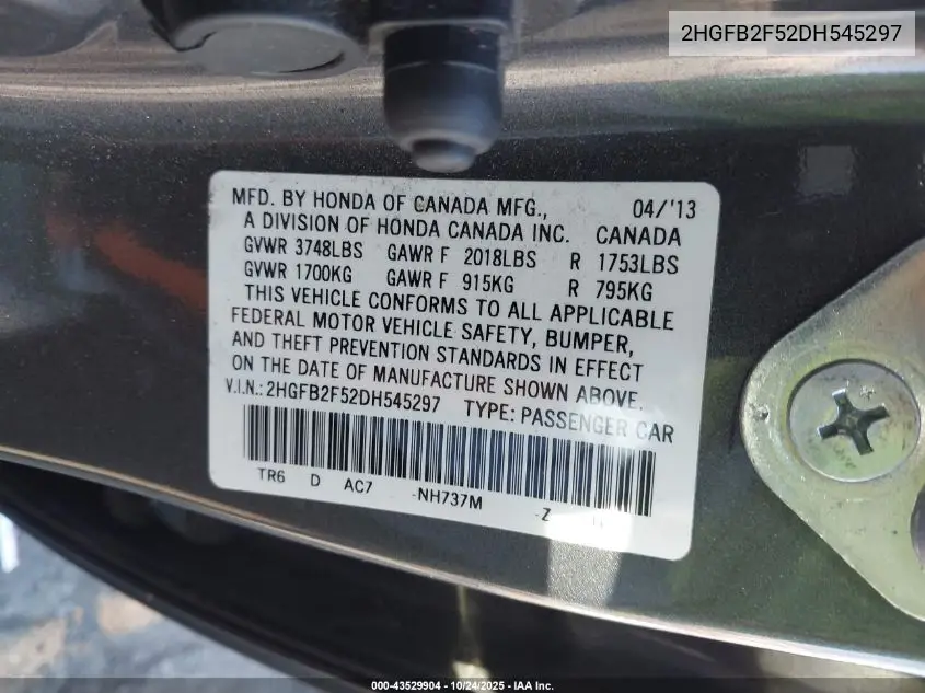 2HGFB2F52DH545297 2013 Honda Civic Lx