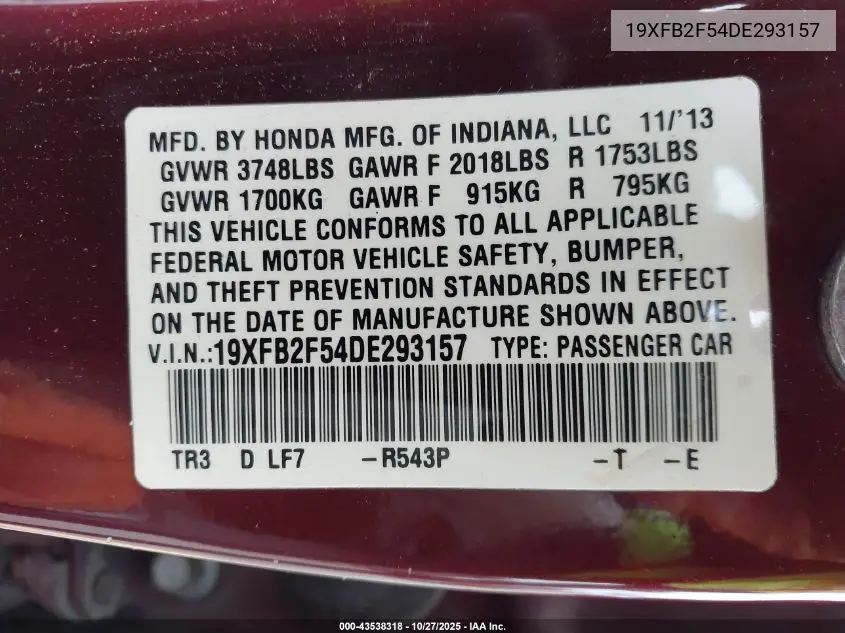 19XFB2F54DE293157 2013 Honda Civic Lx