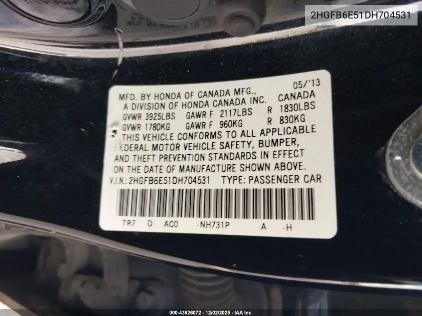 2HGFB6E51DH704531 2013 Honda Civic Si
