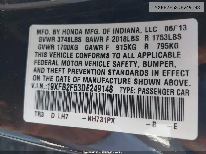 19XFB2F53DE249148 2013 Honda Civic Lx