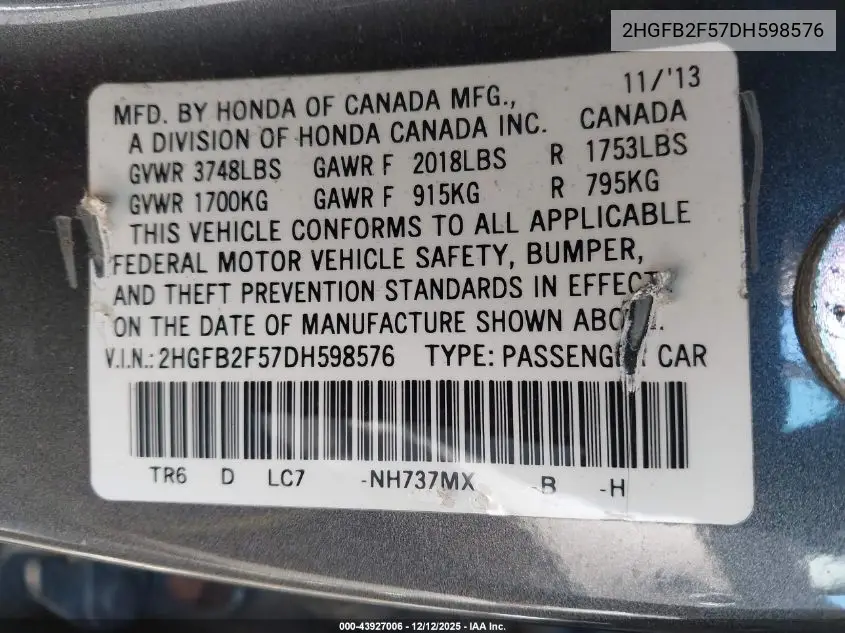 2HGFB2F57DH598576 2013 Honda Civic Lx