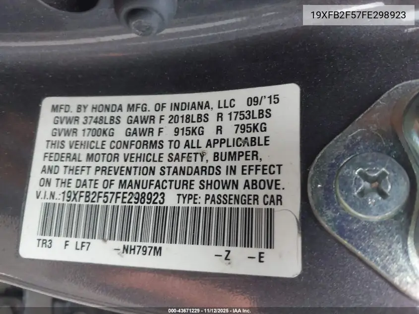 19XFB2F57FE298923 2015 Honda Civic Lx