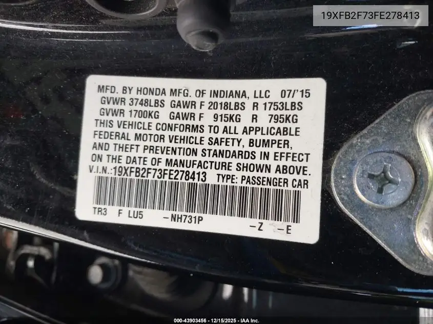 19XFB2F73FE278413 2015 Honda Civic Se