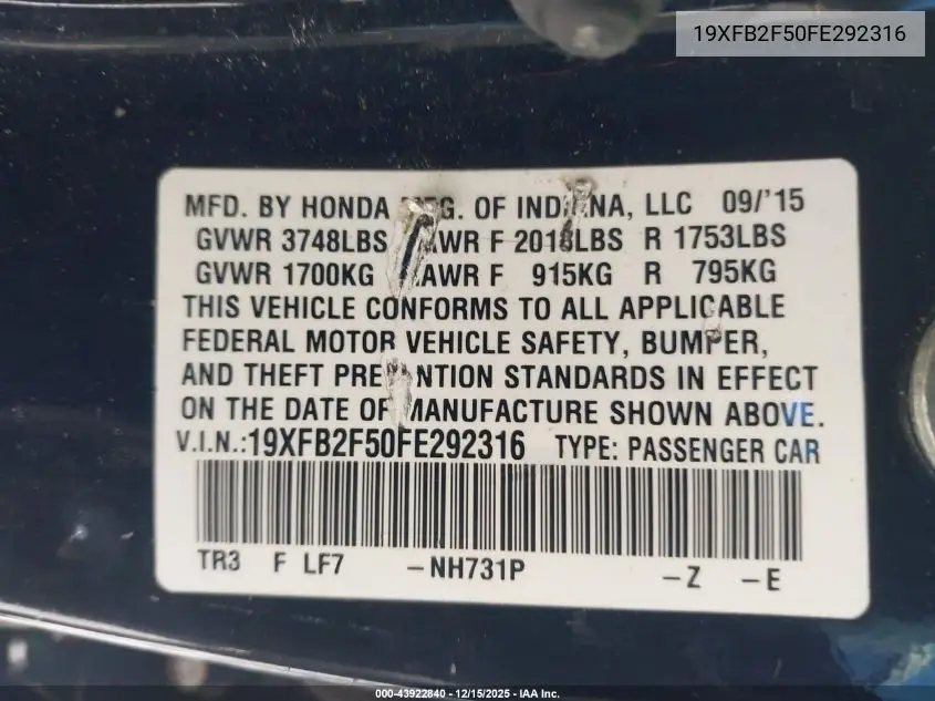 19XFB2F50FE292316 2015 Honda Civic Lx
