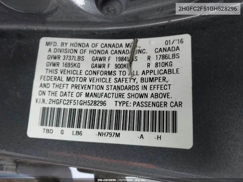 2HGFC2F51GH528296 2016 Honda Civic Lx