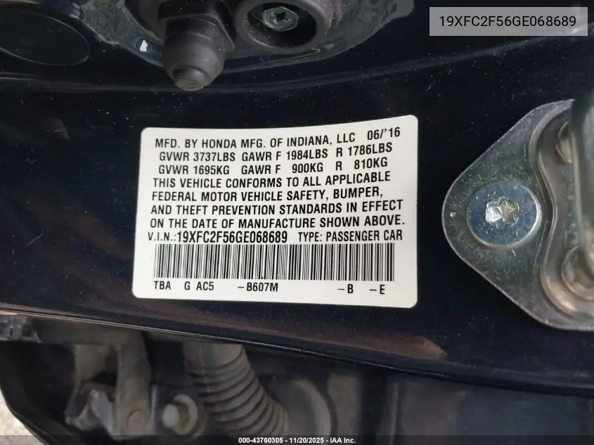 19XFC2F56GE068689 2016 Honda Civic Lx