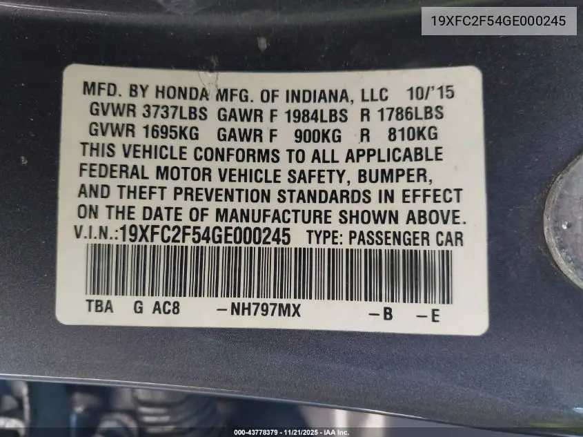 19XFC2F54GE000245 2016 Honda Civic Lx