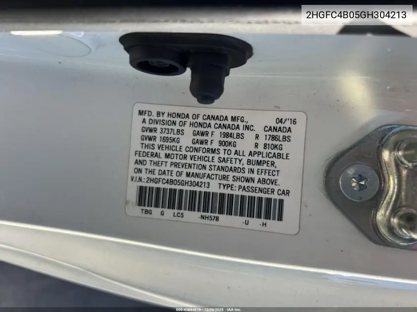 2HGFC4B05GH304213 2016 Honda Civic Lx-P