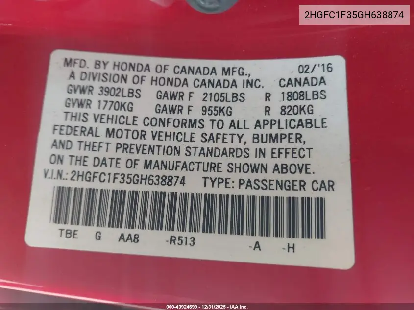 2HGFC1F35GH638874 2016 Honda Civic Ex-T