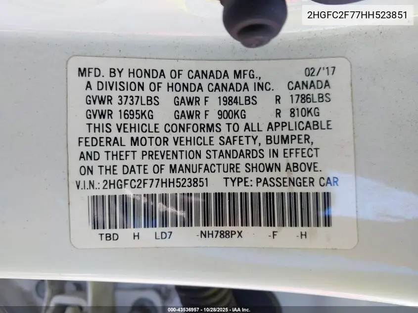 2HGFC2F77HH523851 2017 Honda Civic Ex