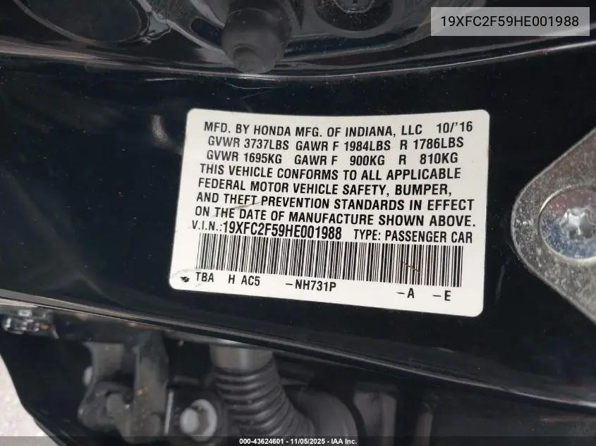 19XFC2F59HE001988 2017 Honda Civic Lx