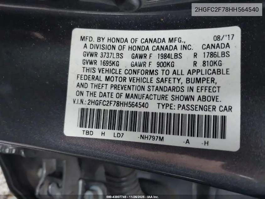 2HGFC2F78HH564540 2017 Honda Civic Ex