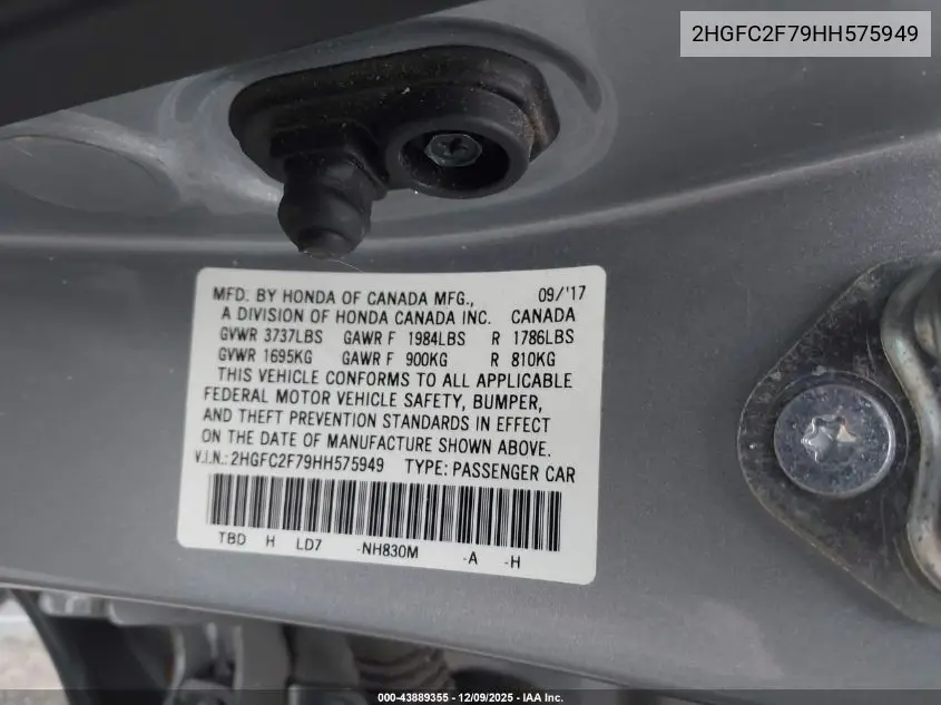 2HGFC2F79HH575949 2017 Honda Civic Ex