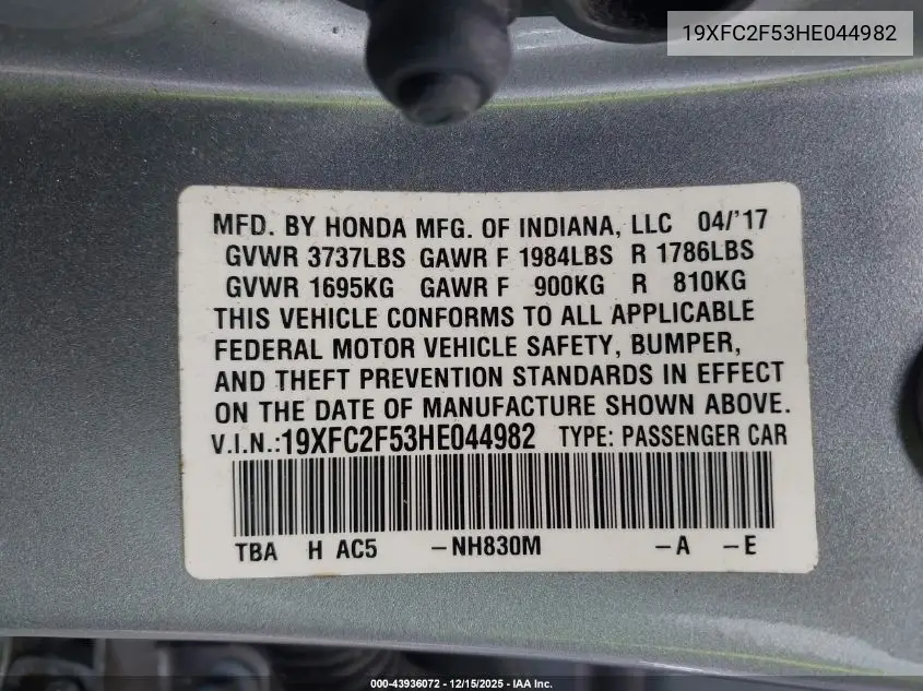 19XFC2F53HE044982 2017 Honda Civic Lx