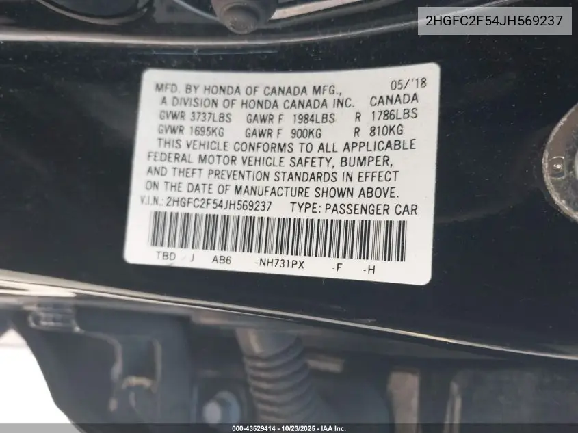 2HGFC2F54JH569237 2018 Honda Civic Lx